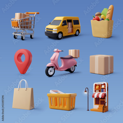 Set of 3d online shopping icon, Business and free shipping concept.