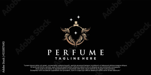 Feminine beauty perfume logo template. creative linear style fragrance, spray bottle, luxury design Premium Vector