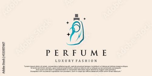 Feminine beauty perfume logo template. creative linear style fragrance, spray bottle, luxury design Premium Vector