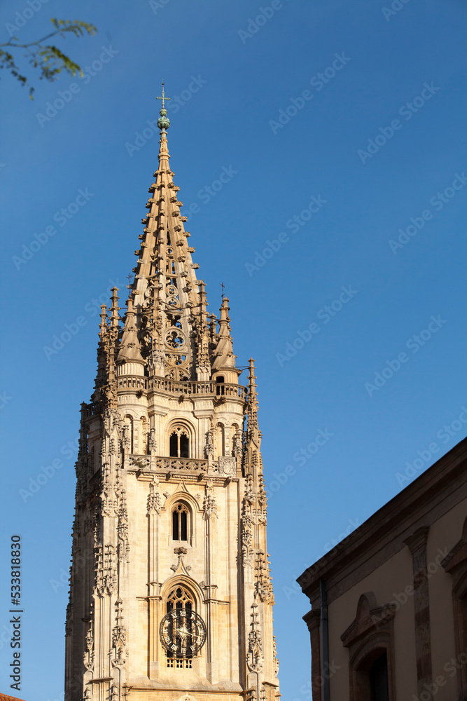 antique church tower and blue sky, religious, european