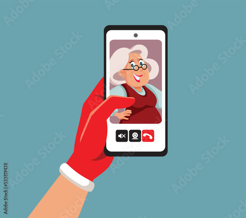 Santa Claus Calling his Wife on Christmas Vector Cartoon Illustration. Santa talking to Mrs. Claus on the mobile phone in video app
