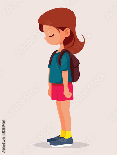 
Unhappy Student Girl Wearing Her Backpack Vector Cartoon. Stressed little child going back to school feeling sad
