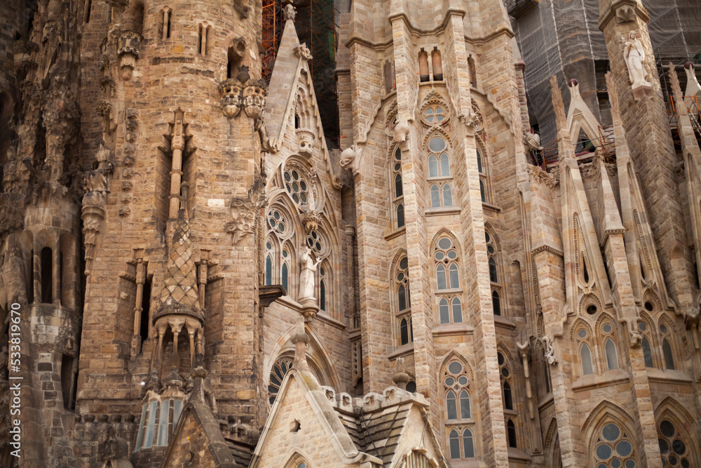 Telephoto shot of a Facade of the Sacred Family Temple Church (sagrada Familia)