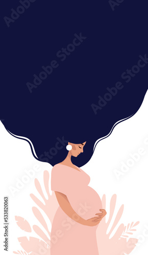 Vertical card with a beautiful pregnant black woman. Young mom hugging her belly while waiting for a baby, copy space for text, modern flat vector illustration.