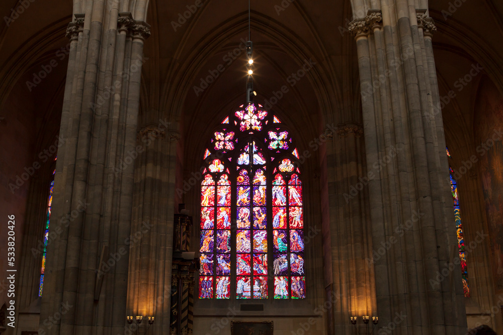 tinted church windows in the prague cathedral, pink, art, old, religion,