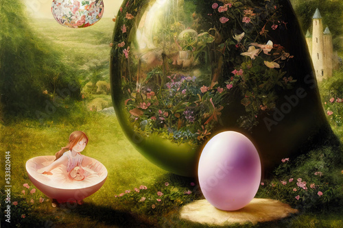 Fairy tale.Young girl in mystery garden hold big egg and dreamily looking up photo