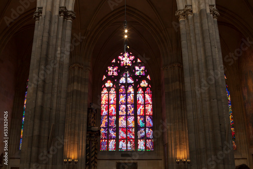 tinted church windows in the prague cathedral, pink, art, old, religion,