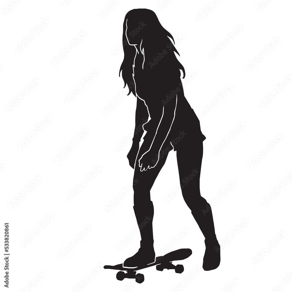 Black silhouette of young girl skateboarder isolated on white background—Skateboard girl. Jump on a skateboard.
