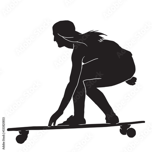 Black silhouette of skateboarder. Skateboard girl. Skateboarding trick ollie. Jump on skateboard. Vector illustration. Silhouette of a cute girl with long hair, with skateboard. photo