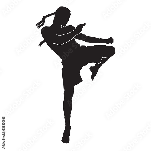 Thai Boxing fight traditional dance before fight, silhouette of a man practicing muay thai Vector illustration