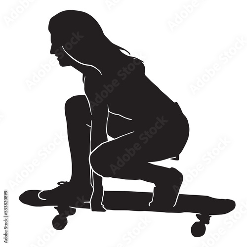 Black silhouette of skateboarder. Skateboard girl. Skateboarding trick ollie. Jump on skateboard. Vector illustration. Silhouette of a cute girl with long hair, with skateboard. photo