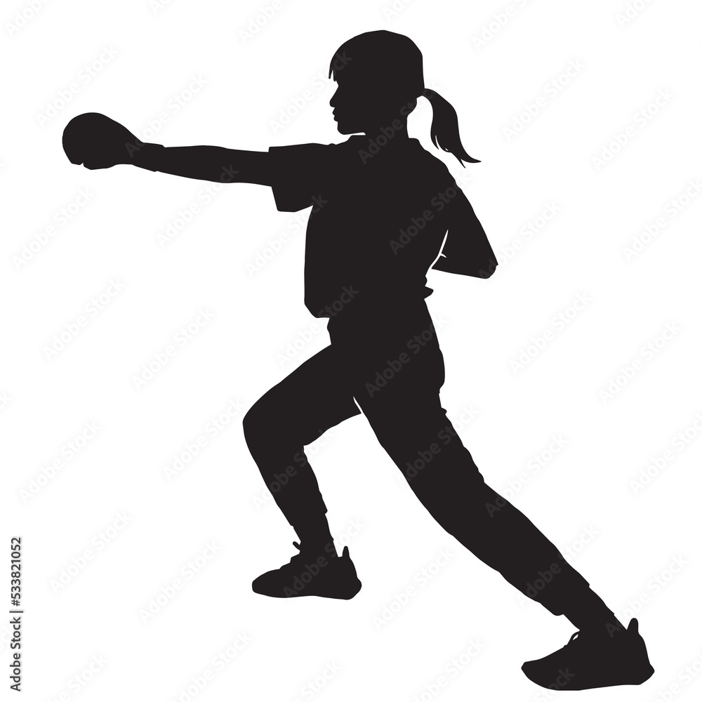 young Kickboxing Girl practicing silhouettes Vector Sport on white background