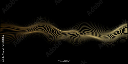 Vector wave lines smooth flowing dynamic gold gradient light isolated on black background for concept of luxury, technology, digital, communication, science, music