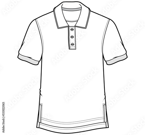 gents short sleeve high low hem polo t shirt fashion flat sketch vector illustration.