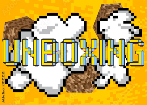 Unboxing. Pixelated word with geometric graphic background. Vector cartoon illustration.