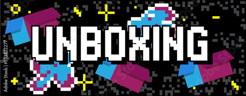 Unboxing. Pixelated word with geometric graphic background. Vector cartoon illustration.