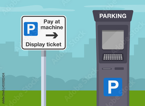 United Kingdom outdoor parking sign. City parking payment system. Pay at machine, display ticket. Flat vector illustration template.