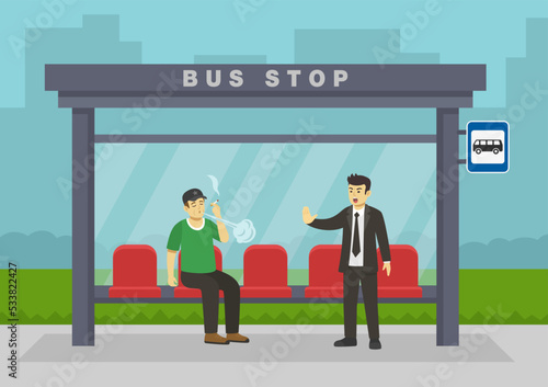 Smoking in public places. Young male character holding cigarette and blow out smoke at bus stop. Man yelling at smoking guy. Flat vector illustration template.