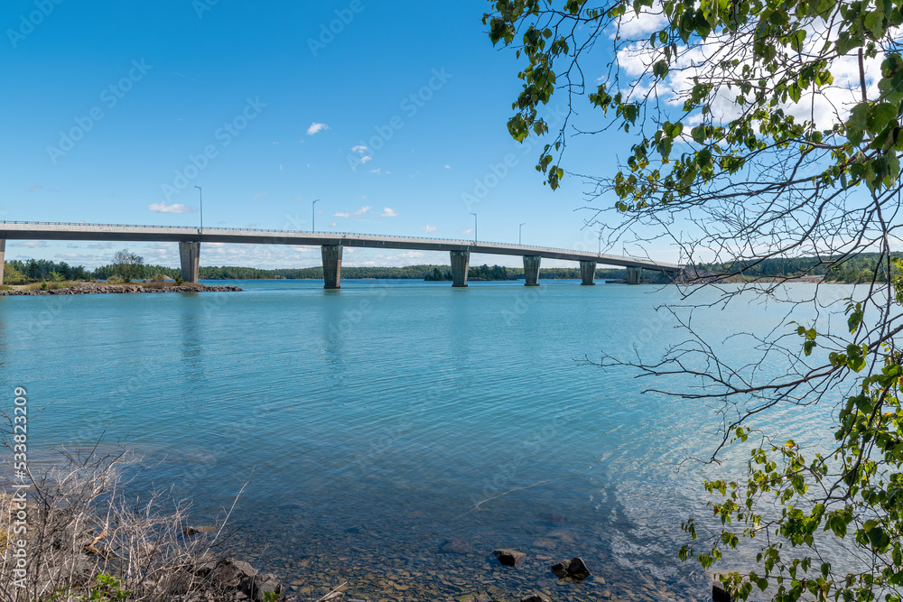 St. Joseph's Island Bridge crosses St. Mary's river to cover the gap between the Canadian mainland near Sault Ste. Marie, Ontario and the island.