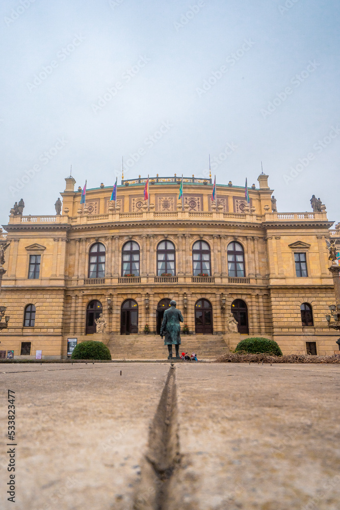 Rudolfinum , cultural venue with concert halls , art gallery in Prague , Historic and romantic old town along Vltava River during winter . Prague , Czech  : December 12 , 2019