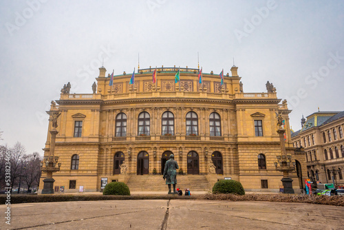 Rudolfinum   cultural venue with concert halls   art gallery in Prague   Historic and romantic old town along Vltava River during winter . Prague   Czech    December 12   2019
