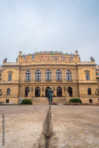 Rudolfinum , cultural venue with concert halls , art gallery in Prague , Historic and romantic old town along Vltava River during winter . Prague , Czech : December 12 , 2019