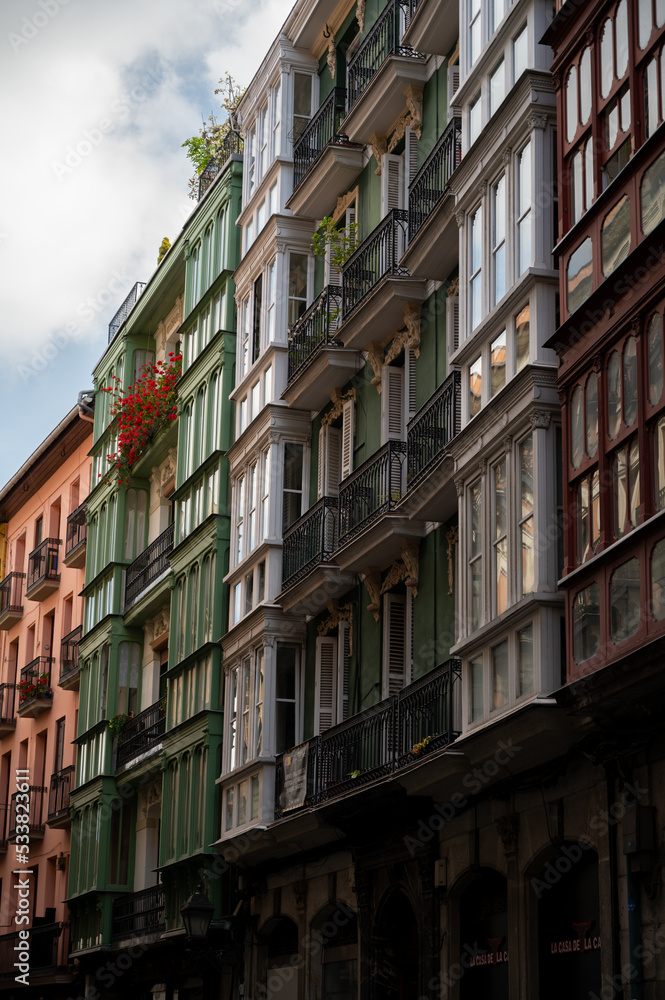 View on houses in old part of Bilbao city, Basque Country, North Spain