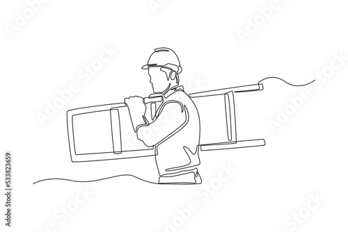 Continuous one line drawing Construction worker carrying a ladder working in building construction. Construction and building concept. Single line draw design vector graphic illustration.