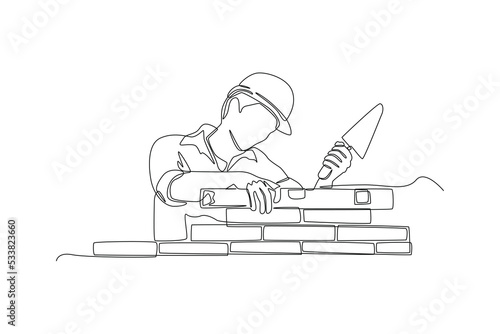 Continuous one line drawing Construction worker lay clay bricks to form building walls at the construction site. Construction and building concept. Single line draw design vector graphic illustration.
