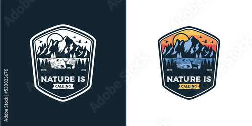 Retro Vintage logo badge adventure and outdoor mountains for sticker, t-shirt, hat, poster design 