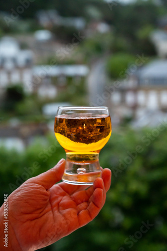 Hand holding glass of apple cider drink and houses of Etretat village on background, Normandy, France