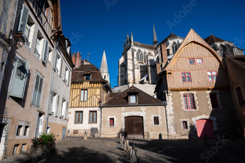 Old streets and houses of Auxerre, medieval city on river Yonne, north of Burgundy, France © barmalini
