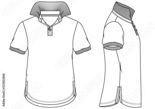 polo t shirt with curved hem fashion flat sketch vector illustration. front and side view technical drawing template.