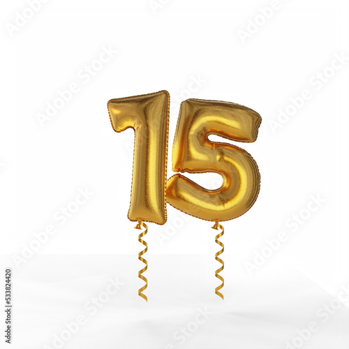 A separate number fifteen in the form of a foil balloon. Template for creating a greeting card for the celebration. 3d rendering.