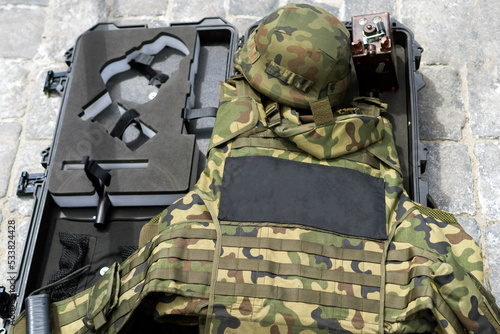 Helmet and body armor for a military soldier, equipment and protection in ngga war