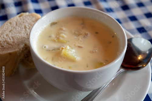 Traditional scottish white cream soup  cullen skink made with smoked paddock fish  Scotland