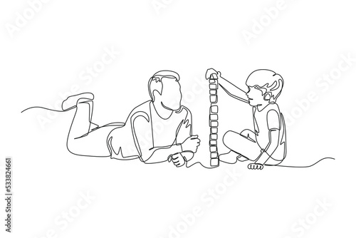 Single one line drawing father and his son playing stacking board. Family time concept. Continuous line draw design graphic vector illustration.