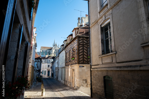 Old streets and houses of Auxerre  medieval city on river Yonne  north of Burgundy  France
