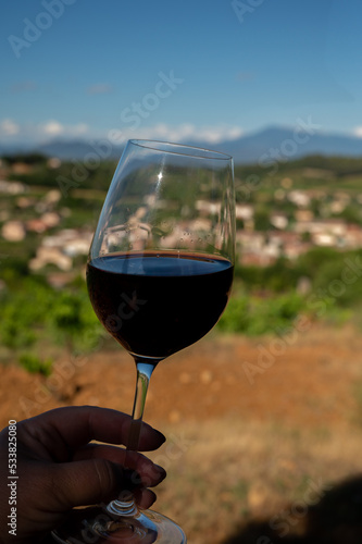 Glass of red dry wine and large pebbles galets and sandstone clay soils on vineyards in Châteauneuf-du-Pape ancient wine making village in France