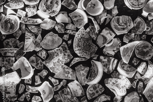 black and white photography, broken chinese style pattern plates and bowls