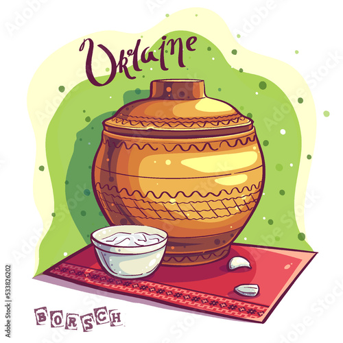 Vector background illustration jug with borscht, sour cream and garlic.