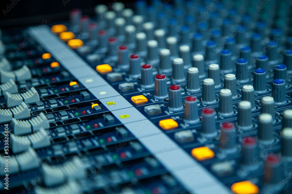 close up of audio console recording studio equalizer radio audio