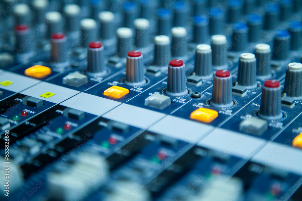 Fototapeta premium close up of audio console recording studio equalizer radio audio