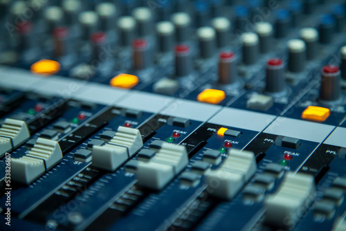 close up of audio console recording studio equalizer radio audio