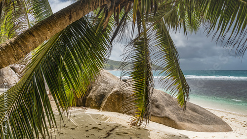 A secluded beach on a tropical island. Boulders at the edge of the turquoise ocean. The palm tree bent over the sand. Clouds in the sky. Seychelles. Moyenne Island