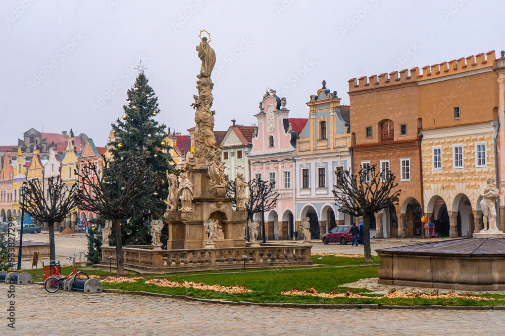Telc , beautiful Unesco old town with Colorful houses around Hradec square , Renaissance architecture during winter morning : Telc , Czech  : December 13, 2019