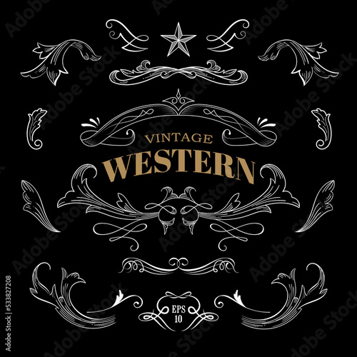 Western hand drawn elements frame label vector banners vintage illustration