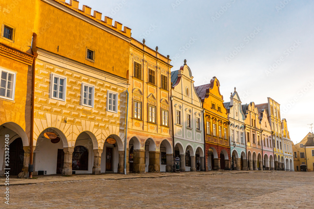 Fototapeta premium Telc , beautiful Unesco old town with Colorful houses around Hradec square , Renaissance architecture during winter morning : Telc , Czech : December 14, 2019
