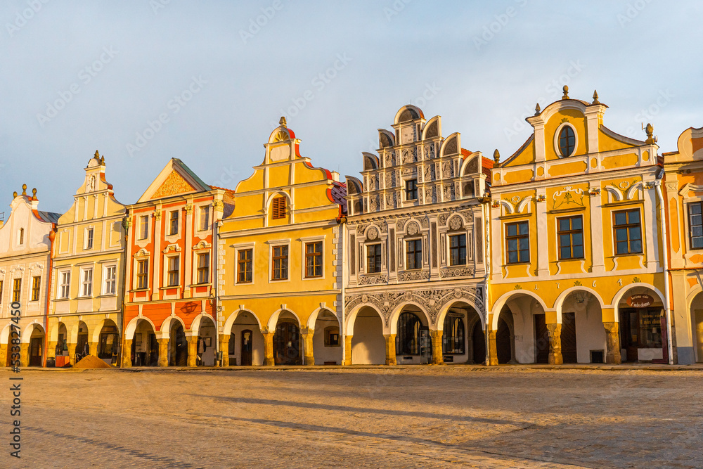 Telc , beautiful Unesco old town with Colorful houses around Hradec square , Renaissance architecture during winter morning : Telc , Czech  : December 14, 2019