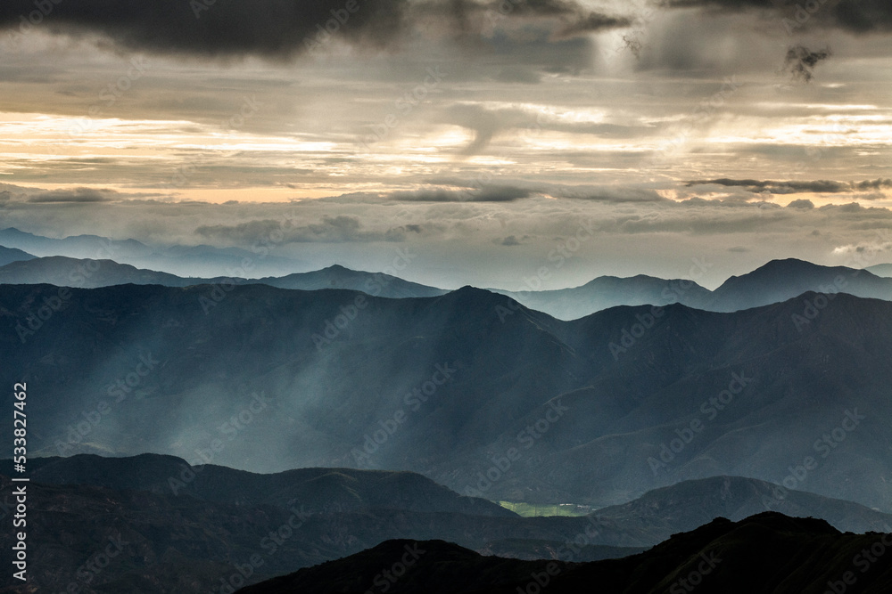 Landscape of smoky Andean mountains golden hour, dusk  in Loja, Ecuador
